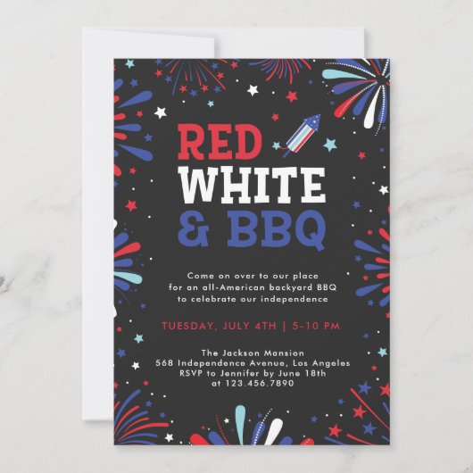 赤、白、BBQ 4th of July 愛国的な花火 招待状 (正面)