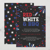 赤、白、BBQ 4th of July 愛国的な花火 招待状 (正面/裏面)