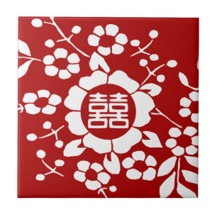 赤・紙切り花・二重の幸せ タイル