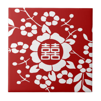 赤・紙切り花・二重の幸せ タイル