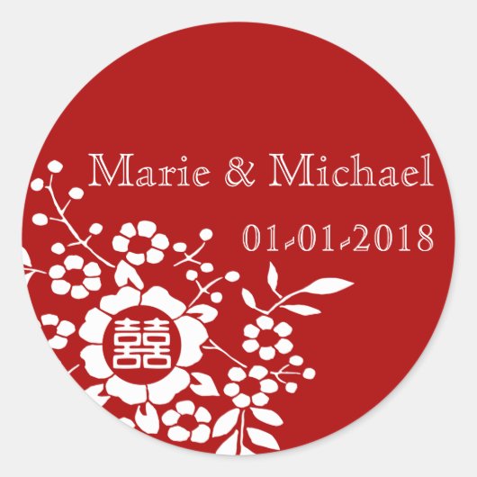 赤・紙切り花・二重の幸せ ラウンドシール (正面)