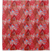 赤、素朴、パッチワーク シャワーカーテン (正面)