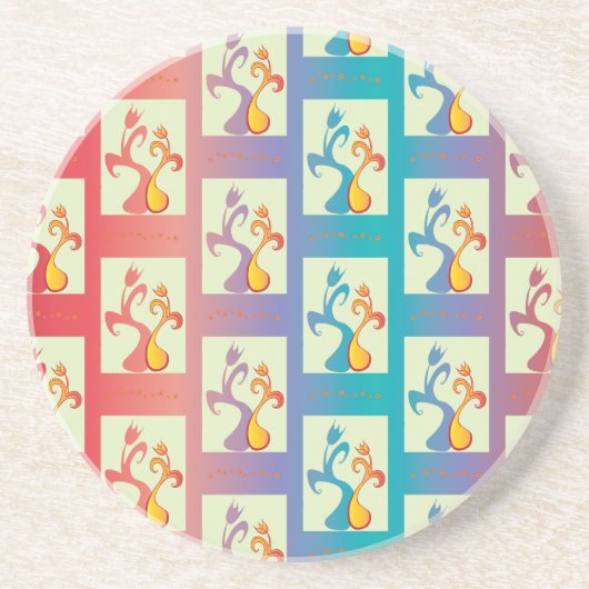 赤、紫モダン、青のチューリップのカップルのパターン コースター (正面)