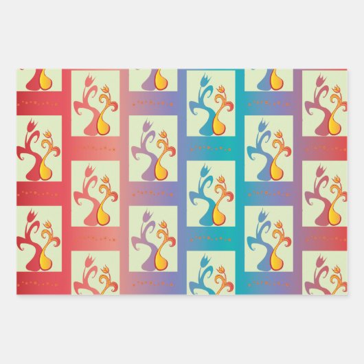 赤、紫モダン、青のチューリップのカップルのパターン ラッピングペーパーシート (正面3)