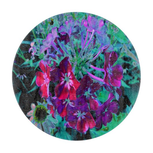 赤、紫、ピンクの劇的な庭の花 カッティングボード (正面)