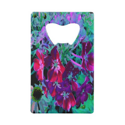 赤、紫、ピンクの劇的な庭の花 クレジットカード栓抜き (正面)