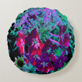 赤、紫、ピンクの劇的な庭の花 ラウンドクッション