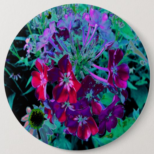 赤、紫、ピンクの劇的な庭の花 缶バッジ (正面)
