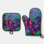 赤、紫、ピンクの劇的な庭の花 鍋つかみ&鍋敷きセット (正面)