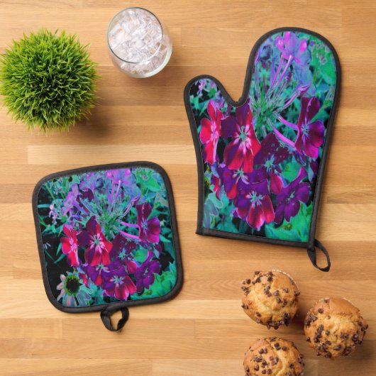 赤、紫、ピンクの劇的な庭の花 鍋つかみ&鍋敷きセット (トップダウン)