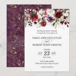 赤、紫、ピンクの秋の花のウェディング 招待状
