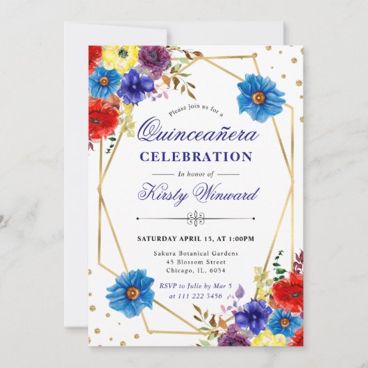 赤、紫、青の夏の花のキンセアニエラ 招待状 (正面)