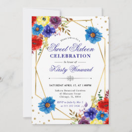 赤、紫、青の夏の花フレーム甘い16 招待状
