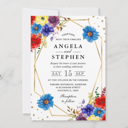 赤、紫、青の夏の花フレーム結婚ズ 招待状 (正面)