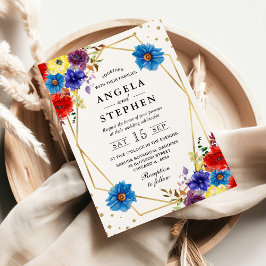 赤、紫、青の夏の花フレーム結婚ズ 招待状