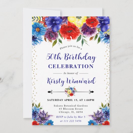 赤・紫・青の夏の花50誕生日 招待状 (正面)
