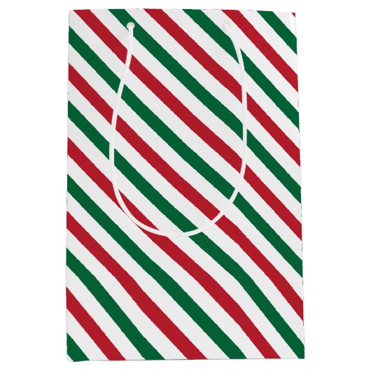 赤、緑および白い縞模様のギフトバッグ ミディアムペーパーバッグ (正面)