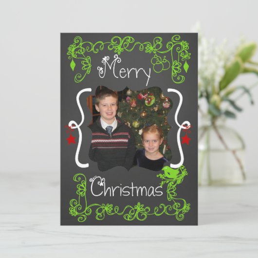 赤/緑のスクロール写真カスタマイズホリデーカード シーズンカード (スタンド正面)