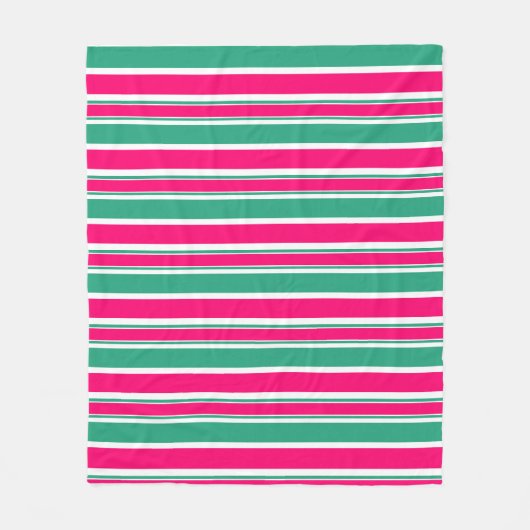 赤 – 緑の横ストライプの線パターン フリースブランケット (正面)