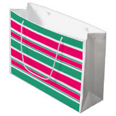 赤 – 緑の横ストライプの線パターン ラージペーパーバッグ (正面アングル)