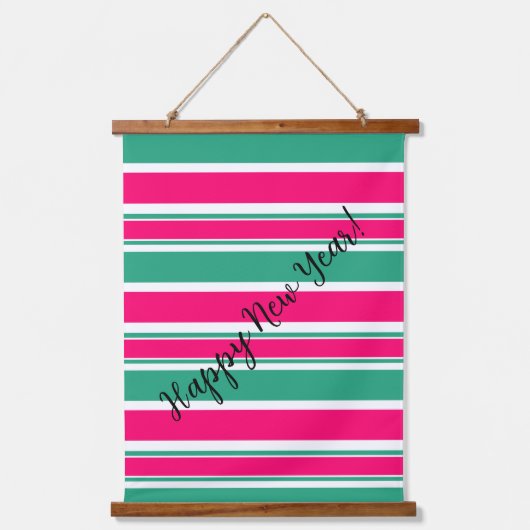 赤 – 緑の横ストライプの線パターン 吊り下げ型タペストリー (正面)