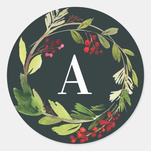 赤+緑の水色の葉のイニシャルクリスマス ラウンドシール (正面)
