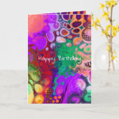 赤、緑の紫色のデジカラフルタル流体誕生日 カード (黄色い花)