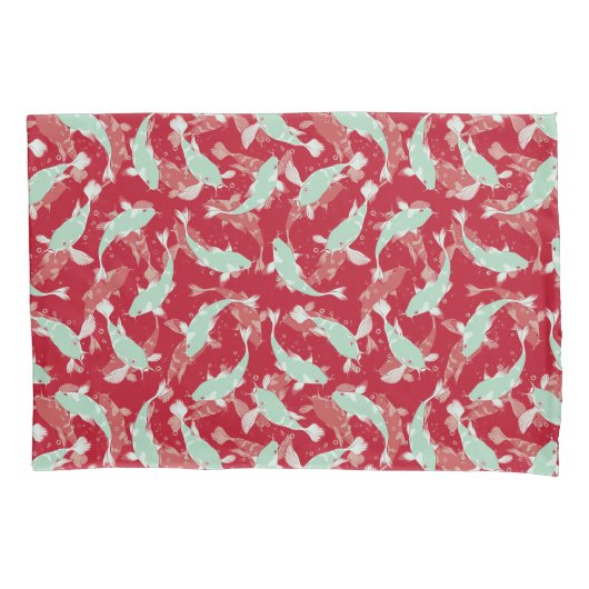 赤・緑の繰り返しモチーフ |コイ魚の柄 枕カバー (正面)