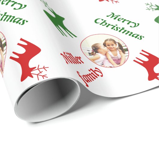 赤、緑の鹿と名前クリスマスの休暇写真 ラッピングペーパー (ロールコーナー)