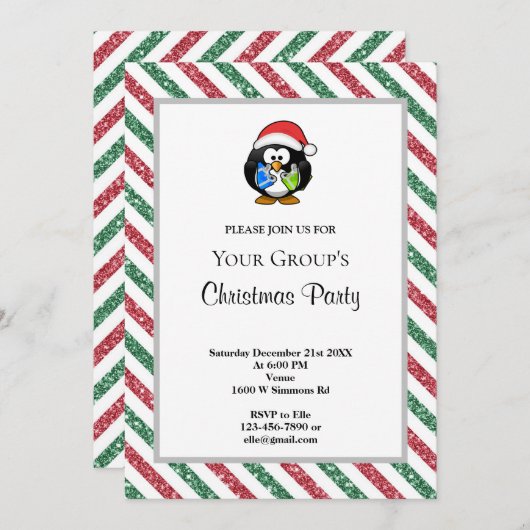 赤/緑グリッターおもしろいパーティの招待状 招待状 (正面/裏面)