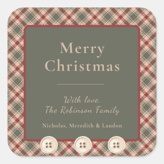 赤、緑素朴、タンの格子模様のクリスマスステッカー スクエアシール (正面)