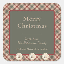赤、緑素朴、タンの格子模様のクリスマスステッカー スクエアシール
