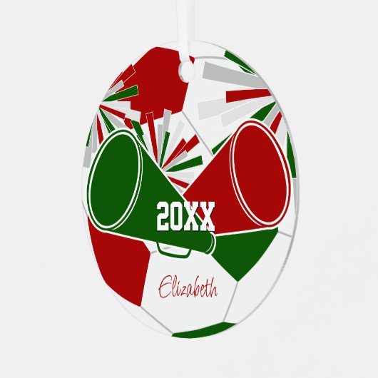 赤 緑 または任意の色のサッカーチアリーディングチーム メタルオーナメント (正面左)