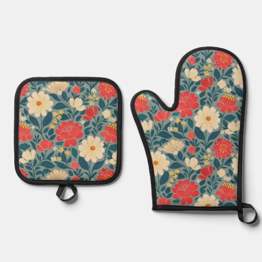 赤、緑、クリームフローラChinoiserie 鍋つかみ&鍋敷きセット (正面)