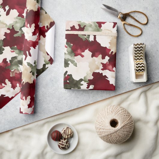 赤+緑+クリーム カモフラージュ ラッピングペーパー (クラフト)