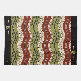 赤、緑+クリーム（モノグラム）の渦巻きと波 キッチンタオル