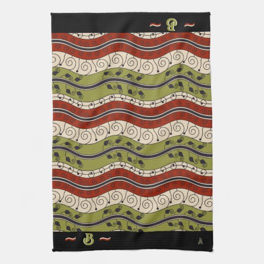 赤、緑+クリーム(モノグラム)の渦巻きと波 キッチンタオル (縦)