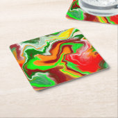 赤、緑、ブルゴーニュ大理石カラフル流芸術 スクエアペーパーコースター (アングル)