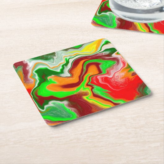 赤、緑、ブルゴーニュ大理石カラフル流芸術 スクエアペーパーコースター (アングル)
