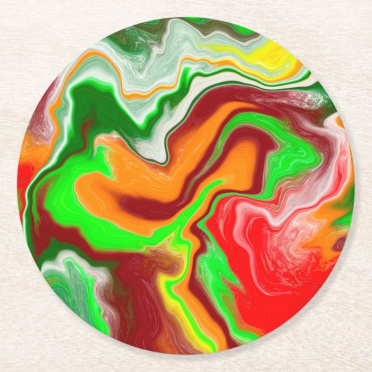 赤、緑、ブルゴーニュ大理石カラフル流芸術 ラウンドペーパーコースター (正面)