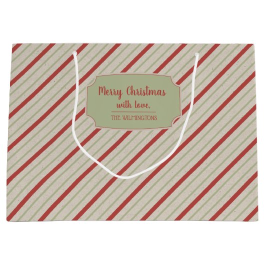 赤、緑、ベージュストライプ抱き枕 ラージペーパーバッグ (正面)