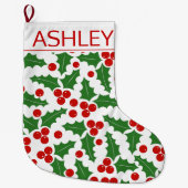 赤、緑、名前のクリスマスホリーベリーパターン ラージクリスマスストッキング (正面)