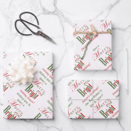 赤、緑、明るいメリークリスマスパーソナライズされた ラッピングペーパーシート (正面)