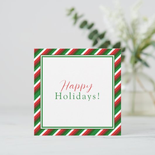 赤、緑、白のロゴ付きストライプのホリデーカード カード (スタンド正面)