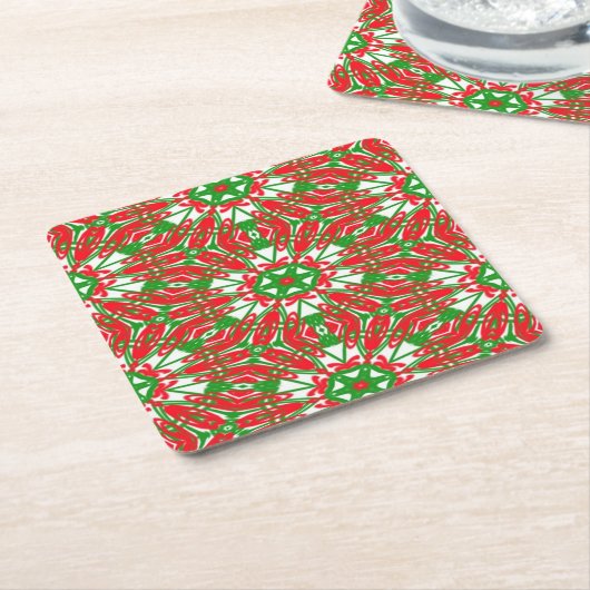 赤、緑、白の万華鏡のように千変万化するパターン スクエアペーパーコースター (アングル)