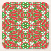 赤、緑、白の万華鏡のように千変万化するパターン スクエアペーパーコースター (正面)