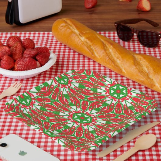 赤、緑、白の万華鏡のように千変万化するパターン ペーパープレート (ピクニック)