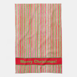 赤、緑、白の各ストライプ文字 キッチンタオル