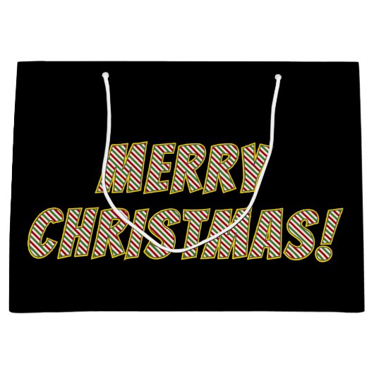 赤、緑、白の「聖降ストライプの誕祭お目出とう！」 ラージペーパーバッグ (正面)