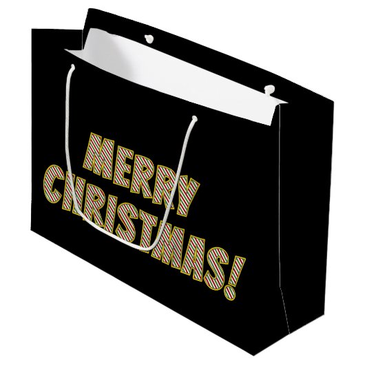 赤、緑、白の「聖降ストライプの誕祭お目出とう！」 ラージペーパーバッグ (正面アングル)